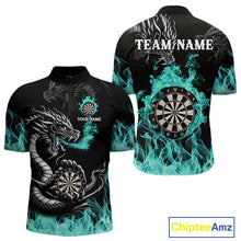 Load image into Gallery viewer, Personalized Turquoise Flaming Dragon Darts Shirt For Men Custom Darts Team Jersey Polo &amp; 1/4 Zip TDM4592