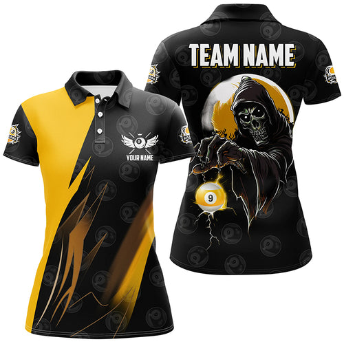 Personalized Yellow Black Death Skeleton 9 Ball Billiard Shirts For Women, 9 Ball Pool Team Jerseys TDM2503