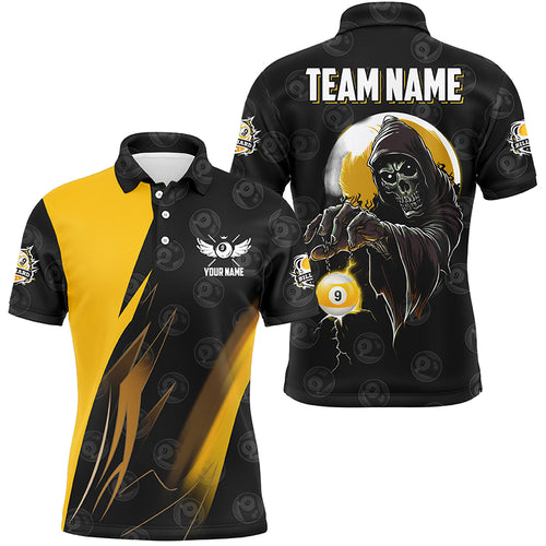 Personalized Yellow Black Death Skeleton 9 Ball Billiard Shirts For Men, 9 Ball Pool Team Jerseys TDM2503