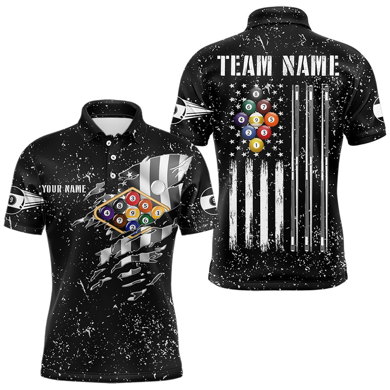 Personalized Black Grunge US Flag Billiard Balls Polo, 1/4 Zip For Men, 9 Ball Pool Billiard Jersey TDM3574