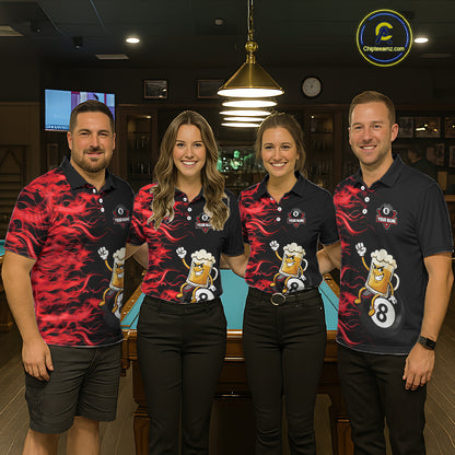 Red Flaming Funny Beer 8 Ball Billiard Shirt For Men Custom Pool Team Jersey Polo & 1/4 Zip TDM5936
