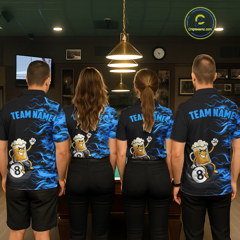 Blue Flaming Funny Beer 8 Ball Billiard Shirt For Men Custom Pool Team Jersey Polo & 1/4 Zip TDM5937