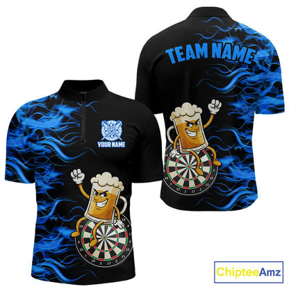 Blue Flaming Dartboard Funny Beer Darts Shirt For Men Custom Darts Jersey Team Polo & 1/4 Zip TDM5940