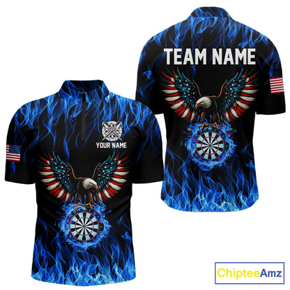 Blue Flaming American Flag Eagle Darts Shirt For Men Custom Darts Jersey Team Polo & 1/4 Zip TDM5941