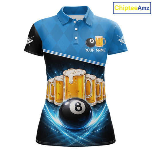 Black And Blue Funny Beer 8 Ball Billiard Jersey For Women Custom Pool Team Shirt Polo & 1/4 Zip TDM5942