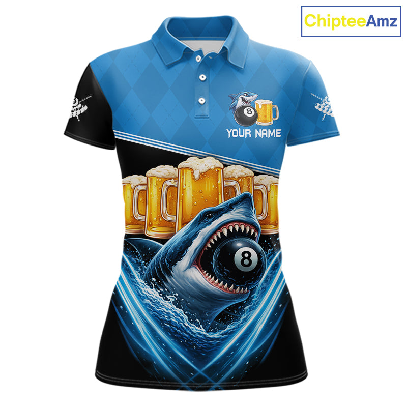 Blue Funny Beer Shark 8 Ball Billiard Jersey For Women Custom Pool Team Shirt Polo & 1/4 Zip TDM5943