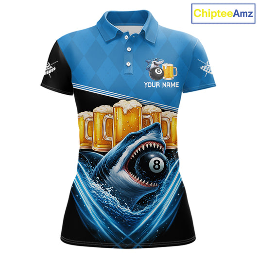 Blue Funny Beer Shark 8 Ball Billiard Jersey For Women Custom Pool Team Shirt Polo & 1/4 Zip TDM5943