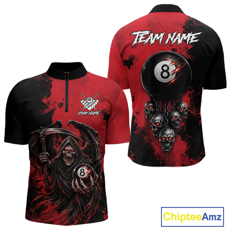 Red Grim Reaper 8 Ball Billiard Shirt For Men Custom Skull Pool Team Jersey Polo & 1/4 Zip TDM6102