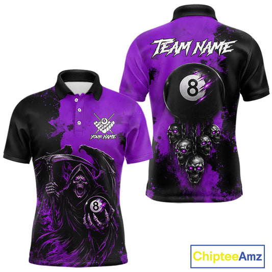 Purple Grim Reaper 8 Ball Billiard Shirt For Men Custom Skull Pool Team Jersey Polo & 1/4 Zip TDM6104