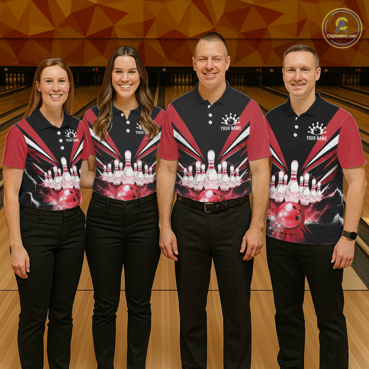 Black And Red Bowling Jersey For Men Custom Strike Lightning Bowling Team Jersey Polo & 1/4 Zip TDM6357