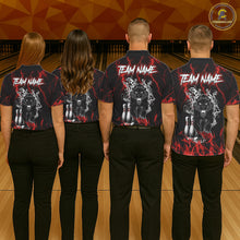 Load image into Gallery viewer, Back view of bowling team wearing matching red panther bowling shirts in a bowling alley.
