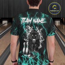 Load image into Gallery viewer, Back view of man wearing a turquoise flaming panther bowling polo shirt inside a bowling alley.