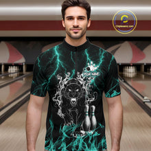 Load image into Gallery viewer, Man wearing a turquoise flaming panther bowling quarter zip jersey during league competition front view.