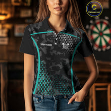 Load image into Gallery viewer, Black &amp; Turquoise Camo Dart Shirt For Women Custom Dart Jerseys Pocket Option TDM4366