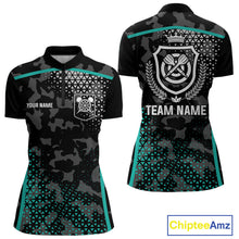 Load image into Gallery viewer, Black &amp; Turquoise Camo Dart Shirt For Women Custom Dart Jerseys Pocket Option TDM4366