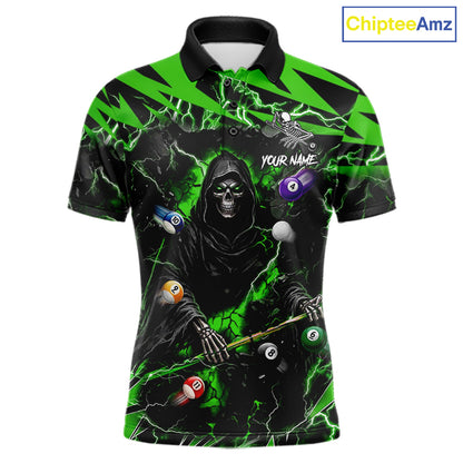 Green Grim Reaper lightning 8 ball pool billiard team jersey polo shirt for men featuring a fierce Grim Reaper and green lightning artwork, premium custom pool team apparel.