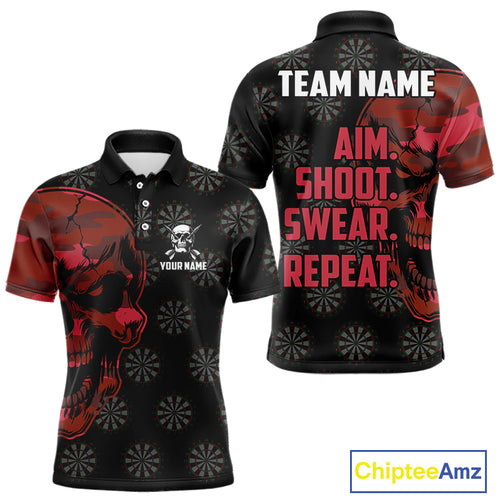 Funny Red Camo Darts Skull Aim Shoot Swear Repeat Custom Dart Shirts For Men, Darts Team Jersey TDM4797