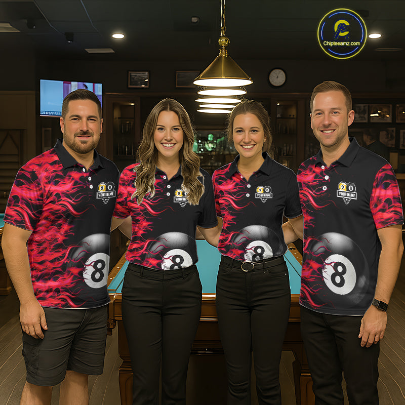 Red Flaming 8 Ball & 9 Ball Billiard Shirt For Men Custom Pool Team Jersey Polo & Quarter Zip TDM5481