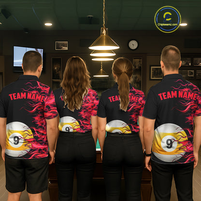 Red Flaming 8 Ball & 9 Ball Billiard Shirt For Men Custom Pool Team Jersey Polo & Quarter Zip TDM5481