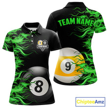 Load image into Gallery viewer, Green Flaming 8 Ball &amp; 9 Ball Billiard Shirt For Women Custom Pool Team Jersey Polo &amp; 1/4 Zip TDM5482