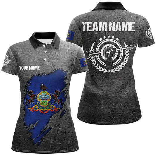 Grunge Pennsylvania Archery Women Polo Shirts, Custom Patriotic Pennsylvania Flag Archery Jerseys TDM0934