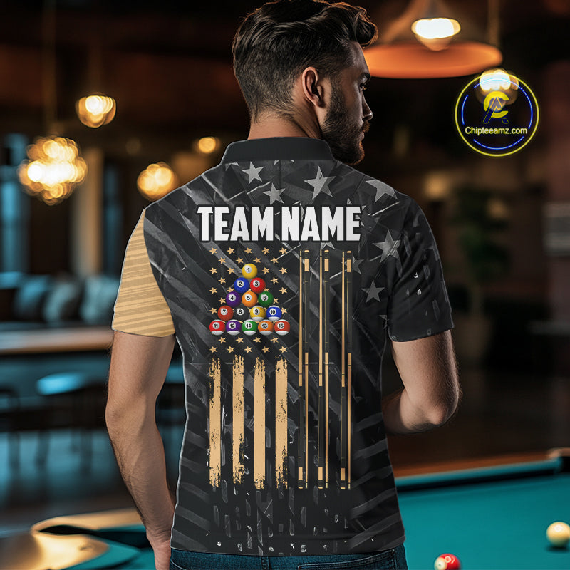 Black American Flag 8 Ball Billiard Shirt For Men Custom Billiard Team Jersey Polo & 1/4 Zip |Tan TDM6535