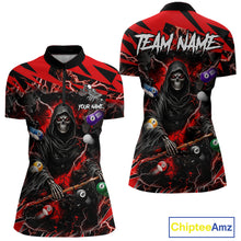 Load image into Gallery viewer, Red grim reaper lightning 8 ball billiard quarter zip shirt for women designed for league tournaments and team events.