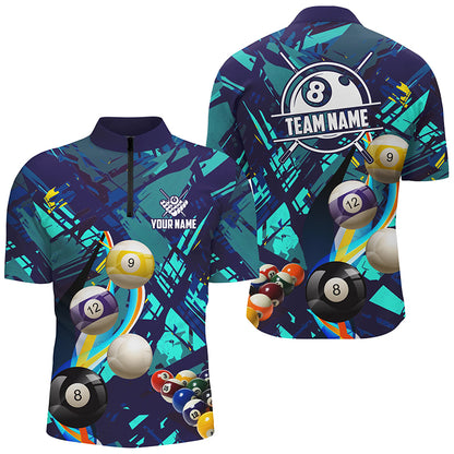 Personalized Blue Billiard Balls Men Polo And Quarter-Zip Shirts, Colorful Billiard Jerseys Shirts TDM2042