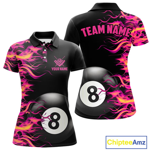 Pink Fire Flame 8 Ball Pool Billiard Shirt For Women Custom Billiard Team Jersey Polo & 1/4 Zip TDM4376