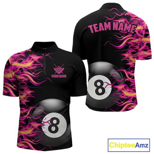 Pink Fire Flame 8 Ball Pool Billiard Shirt For Men Custom Billiard Team Jersey Polo & 1/4 Zip TDM4376