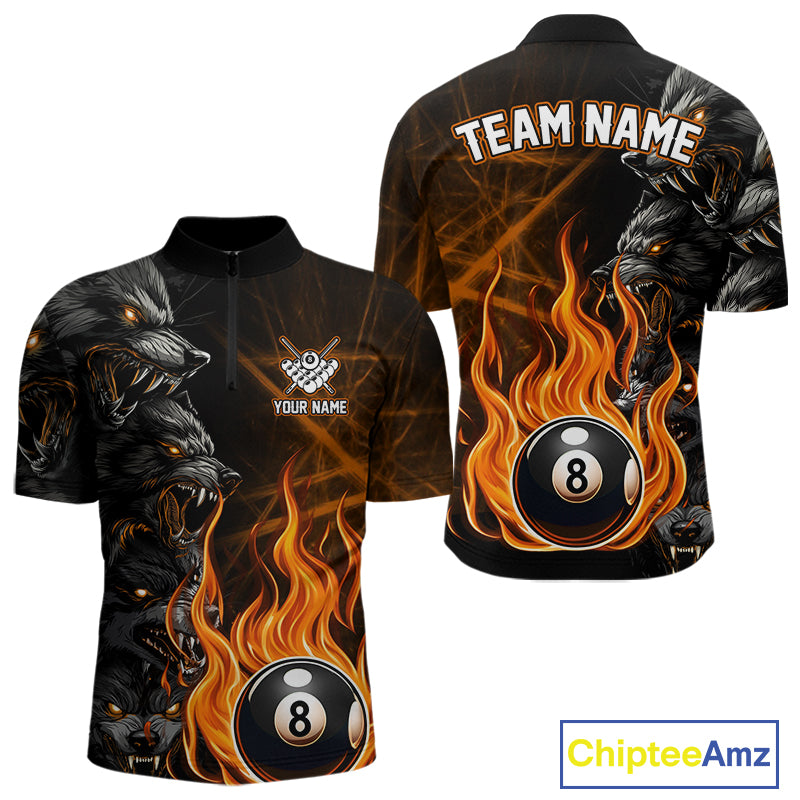 Personalized Orange Wolf Flaming 8 Ball Pool Fire Quarter Zip Shirt for Custom Pool Team Jersey