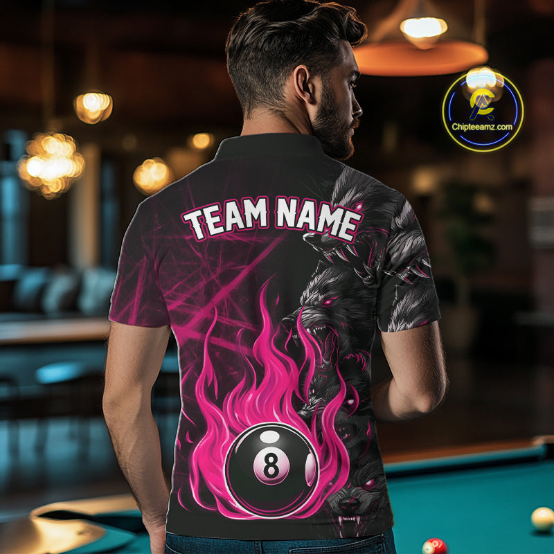 Back View of a Man Wearing Personalized Pink Wolf Flaming 8 Ball Pool Fire Billiard Shirt