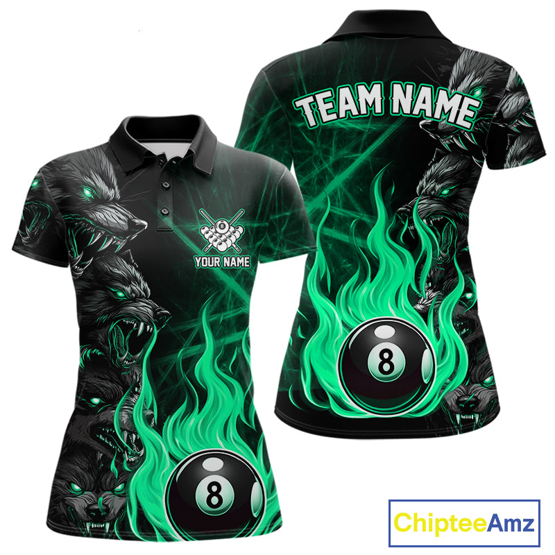 Personalized Turquoise Wolf Flaming 8 Ball Pool Fire Polo Shirt with Custom Women's Billiard Team Design for League Competition