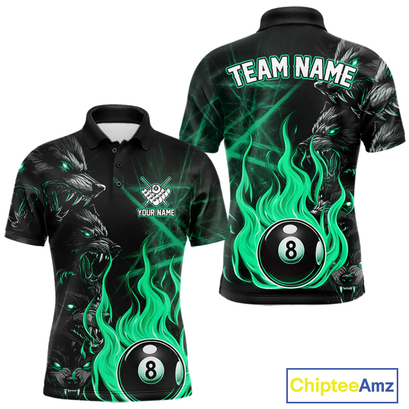 Turquoise Wolf Flaming 8 Ball Pool Fire Custom Polo Shirt for League Billiard Team Jersey