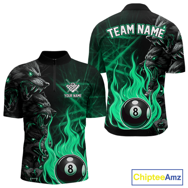 Custom Turquoise Wolf Flaming 8 Ball Pool Fire Quarter Zip Billiard Shirt for Pool League Teams