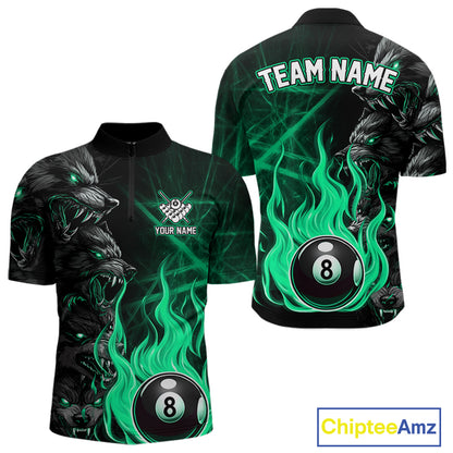 Custom Turquoise Wolf Flaming 8 Ball Pool Fire Quarter Zip Billiard Shirt for Pool League Teams