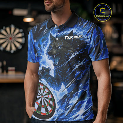Blue Flaming Wolf Dartboard Jersey For Men Custom Darts League Team Shirt Polo & Quarter Zip TDM5023