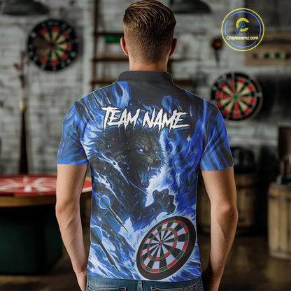 Blue Flaming Wolf Dartboard Jersey For Men Custom Darts League Team Shirt Polo & Quarter Zip TDM5023