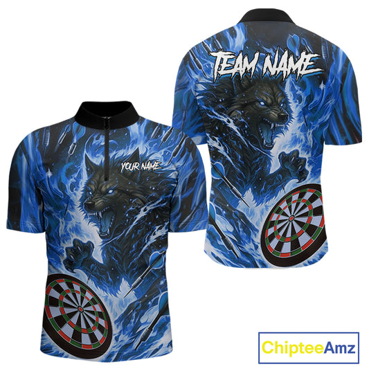 Blue Flaming Wolf Dartboard Jersey For Men Custom Darts League Team Shirt Polo & Quarter Zip TDM5023