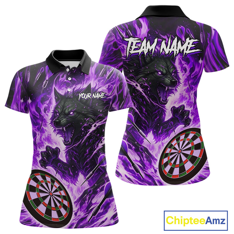 Purple Flaming Wolf Dartboard Jersey For Women Custom Darts League Team Shirt Polo & Quarter Zip TDM5024