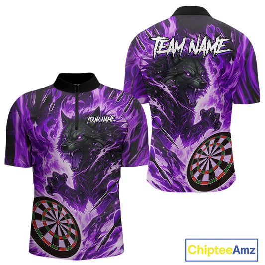 Purple Flaming Wolf Dartboard Jersey For Men Custom Darts League Team Shirt Polo & Quarter Zip TDM5024