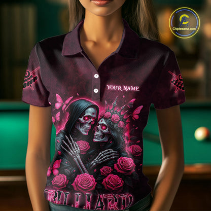 Customized Skeleton And Roses Gothic Romance Billiard Shirt For Women, Valentine 8 Ball Pool Jersey TDM5749