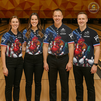 American Flag Rooster Bowling Jersey For Men Custom Patriotic Bowling Shirt Team Polo & 1/4 Zip TDM6119