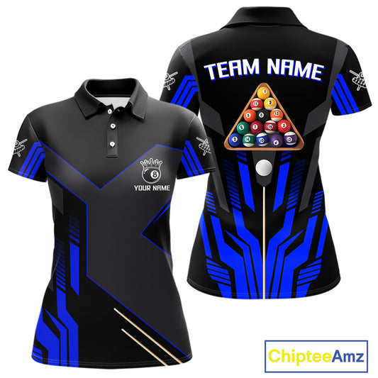 Personalized Blue Black 8 Ball Pool Shirt For Women Custom Billiard League Team Jersey Polo, 1/4 Zip TDM4226
