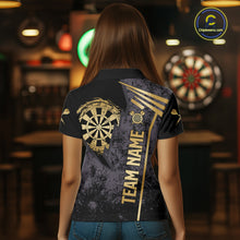 Load image into Gallery viewer, Back view of woman wearing a gold grunge dartboard darts shirt.