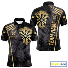 Load image into Gallery viewer, Gold grunge dartboard darts polo shirt for men with custom darts team graphics.