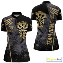 Load image into Gallery viewer, Gold grunge dartboard darts quarter zip shirt for women designed for league tournaments and team events.