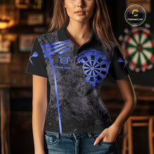 Load image into Gallery viewer, Woman wearing a blue grunge dartboard darts jersey front view.