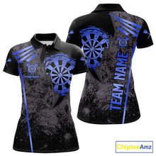 Load image into Gallery viewer, Blue grunge dartboard darts polo shirt for women with custom darts team graphics.