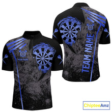 Load image into Gallery viewer, Blue grunge dartboard darts quarter zip shirt for men designed for league tournaments and team events.